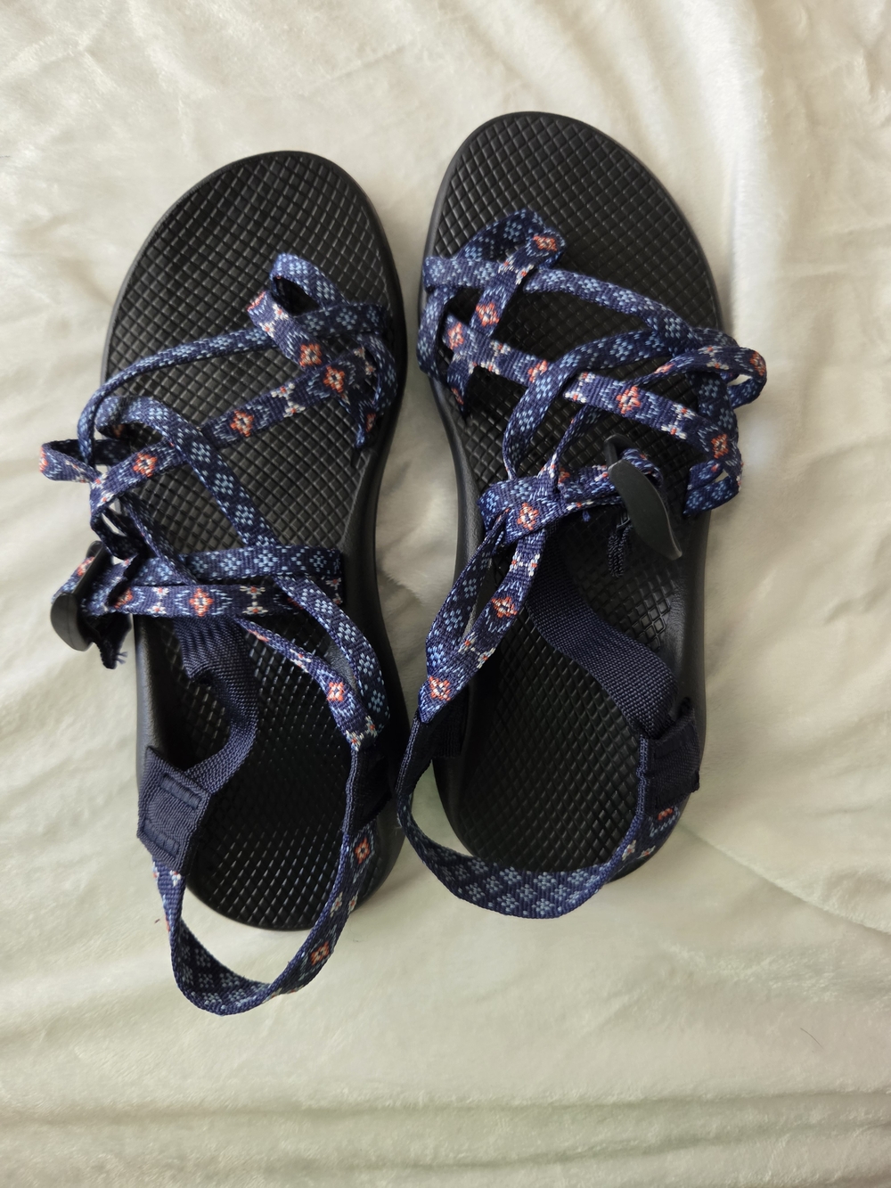 Chaco Women's Navy Patterned Strap Sandals with Orange Accents